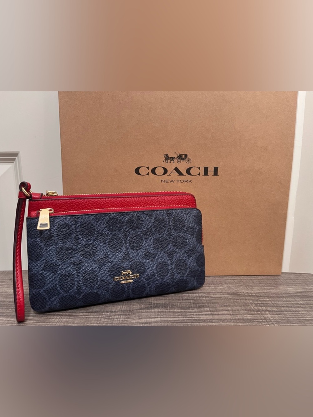 Coach Navy Signature Canvas Wristlet with Red Trim